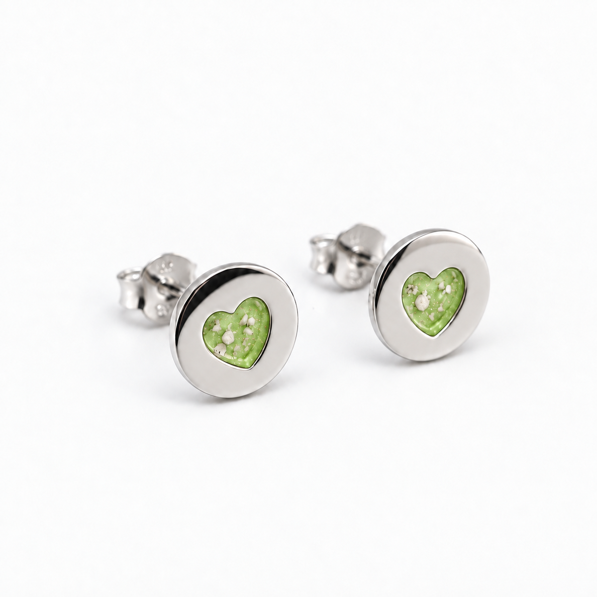 tiny heart disc ashes earrings — Apple Green, visible ashes