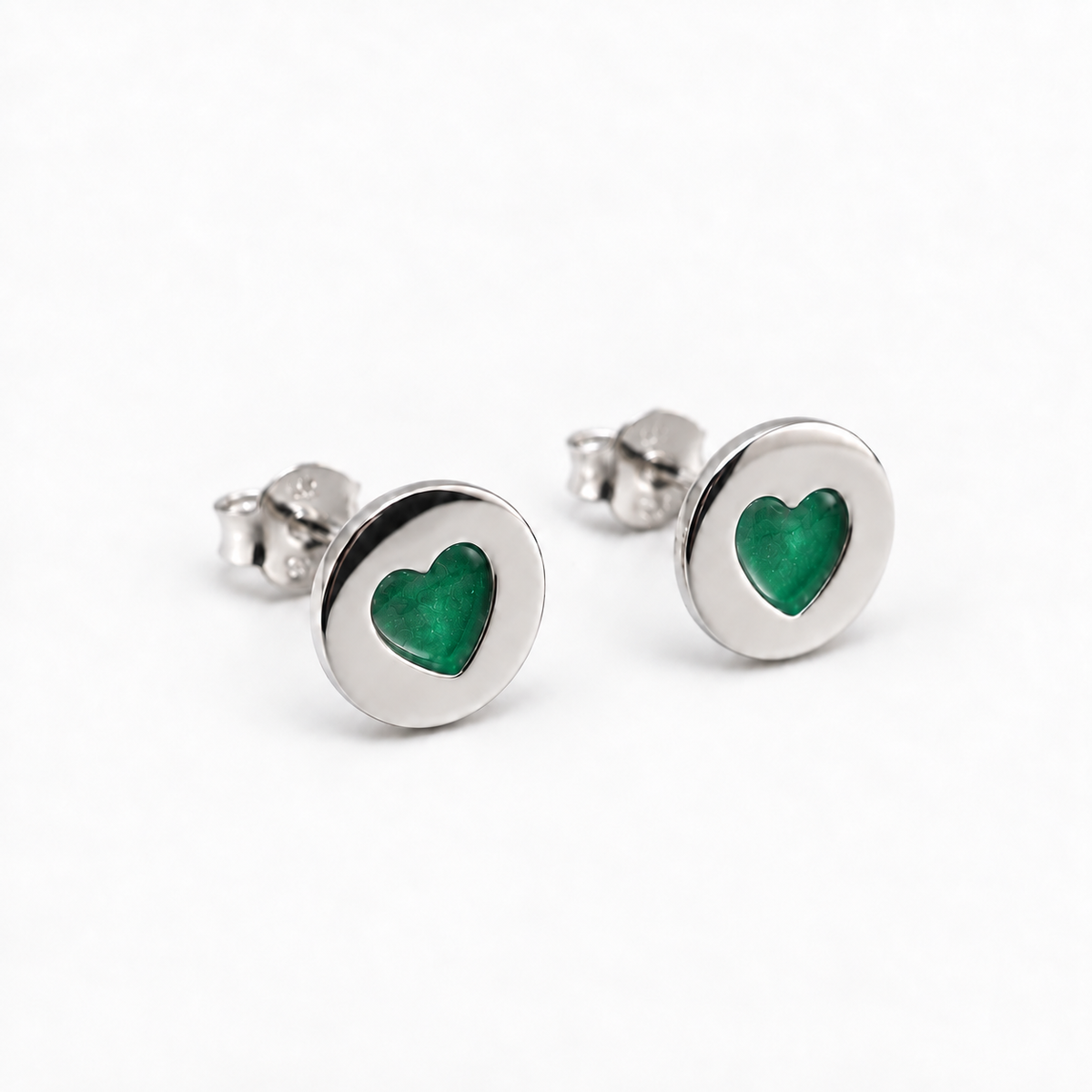 tiny heart disc ashes earrings — Emerald, hidden ashes
