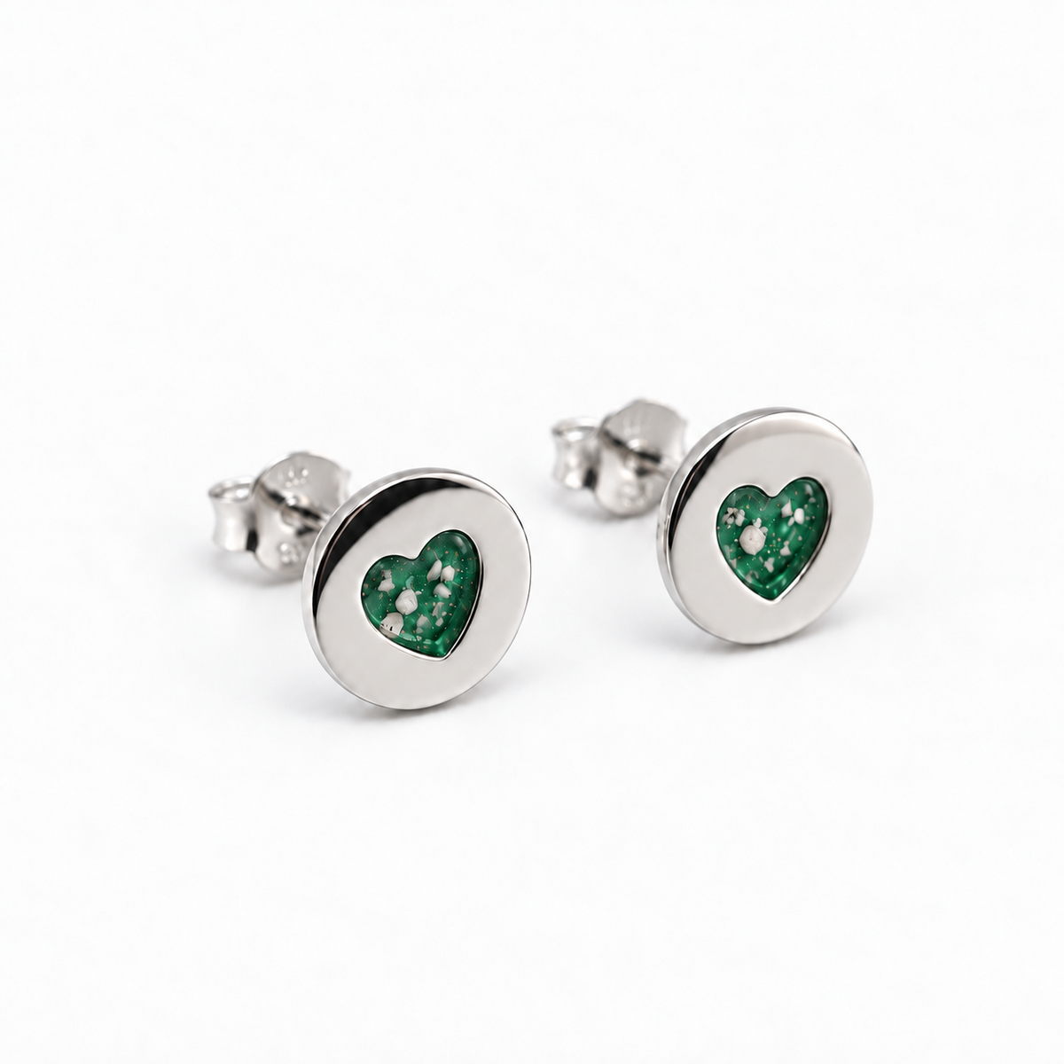 tiny heart disc ashes earrings — Emerald, visible ashes