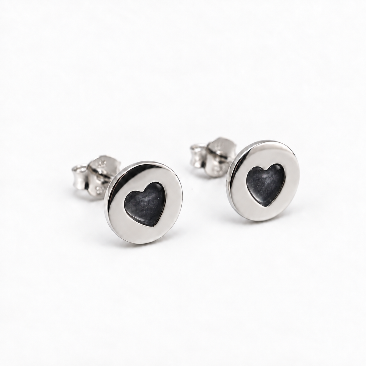 tiny heart disc ashes earrings — Midnight, hidden ashes