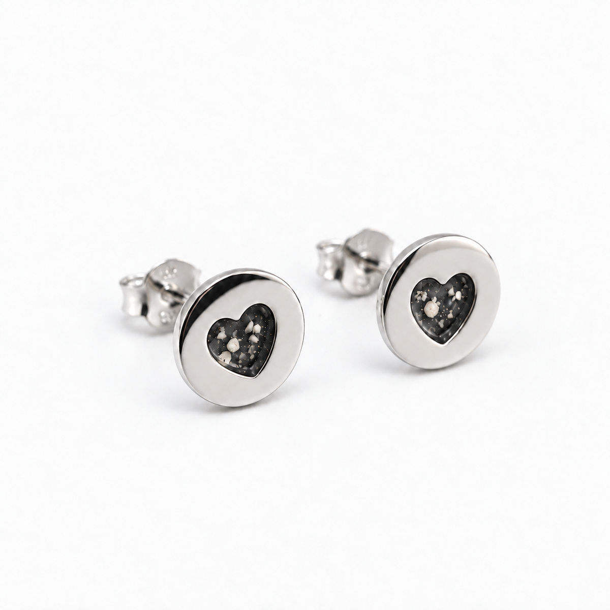 tiny heart disc ashes earrings — Midnight, visible ashes