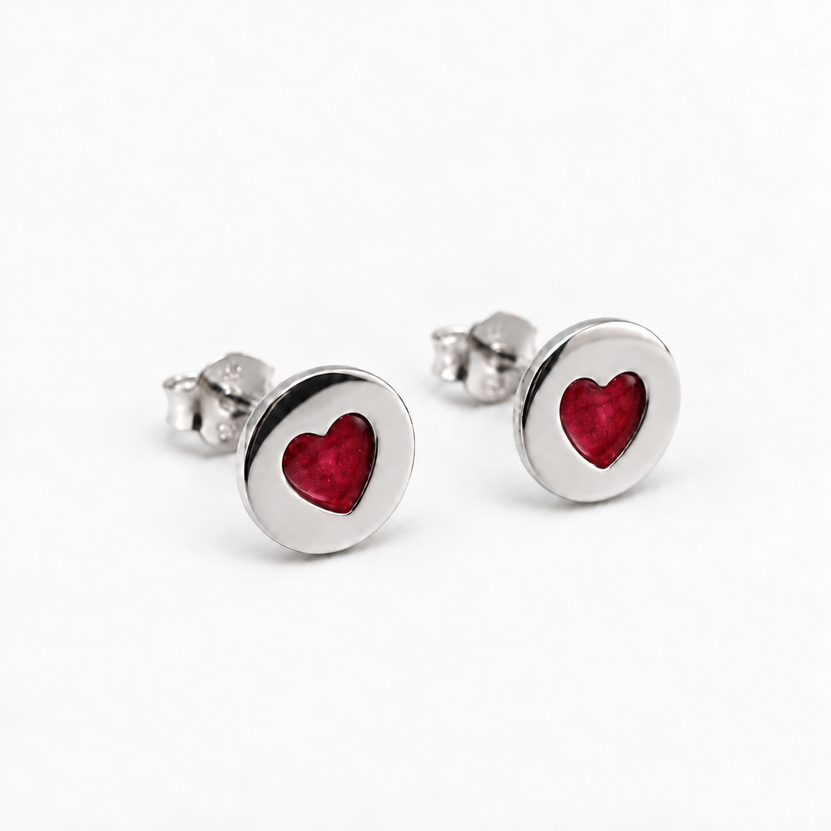 tiny heart disc ashes earrings — Ruby Red, hidden ashes