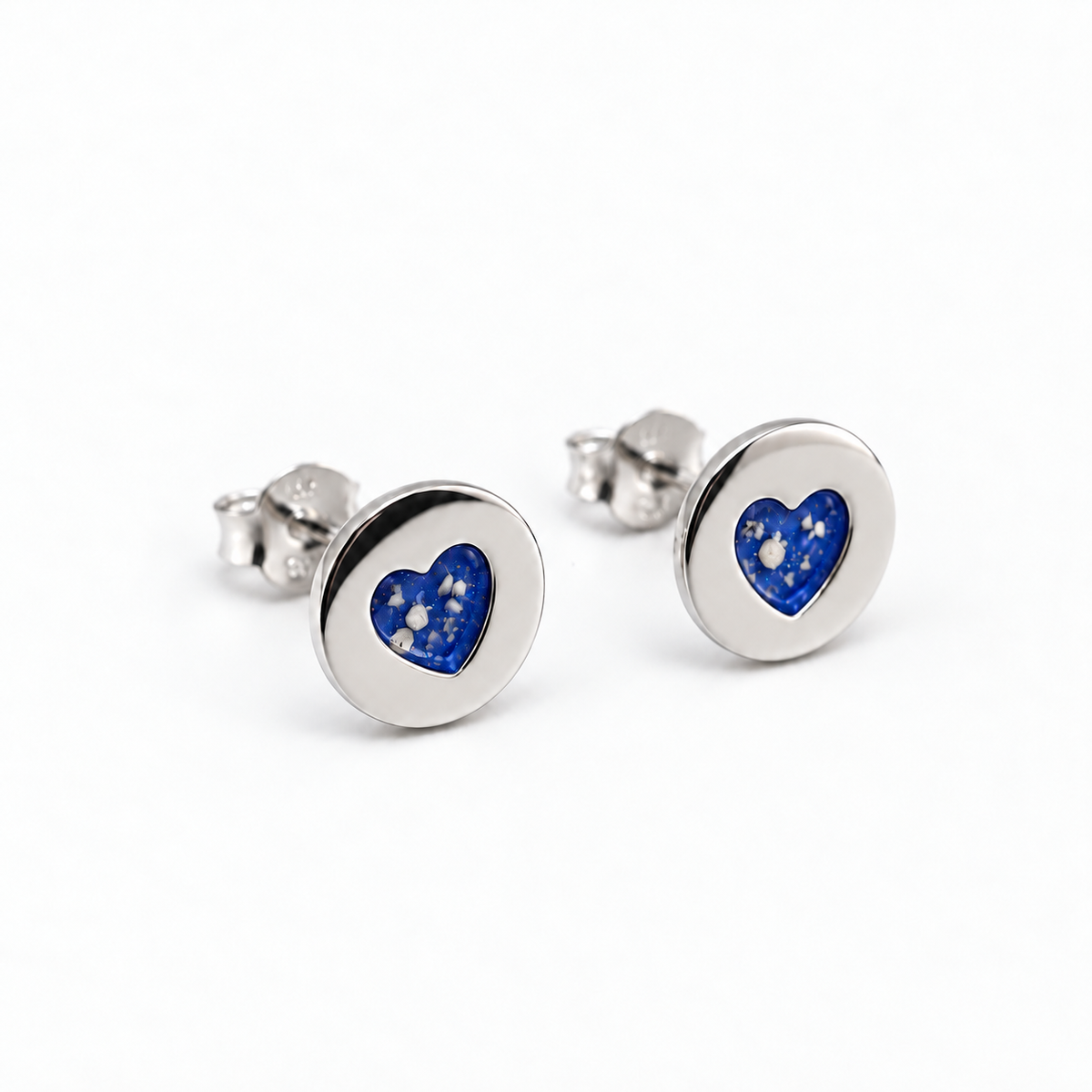 tiny heart disc ashes earrings — Sapphire, visible ashes