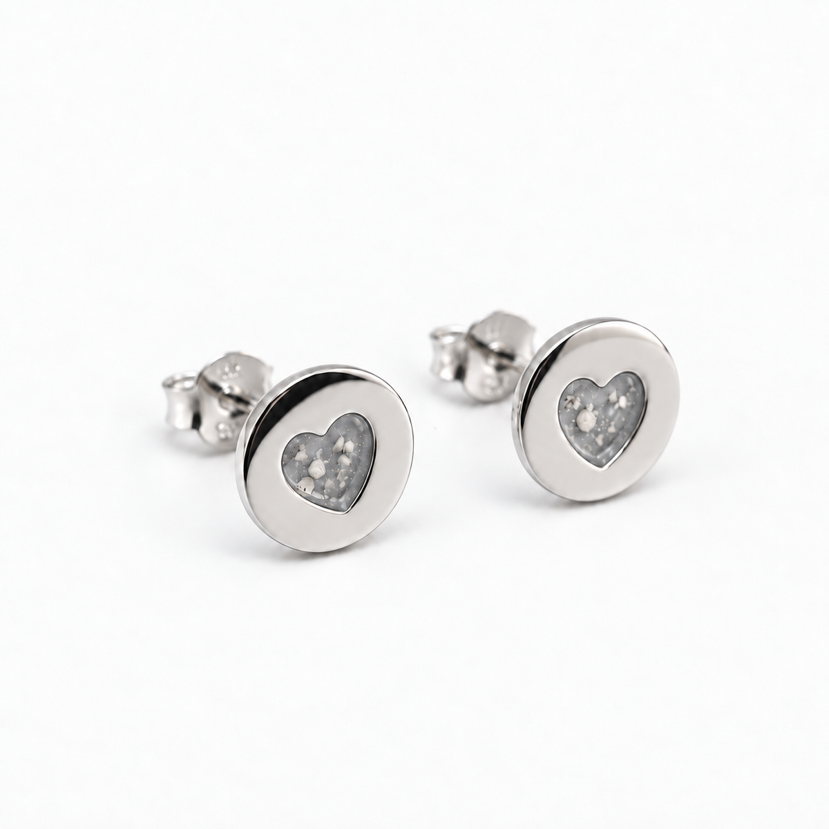 tiny heart disc ashes earrings — Silver, visible ashes