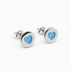 Tiny Heart Disc Ashes Earrings — Sky Blue, visible ashes