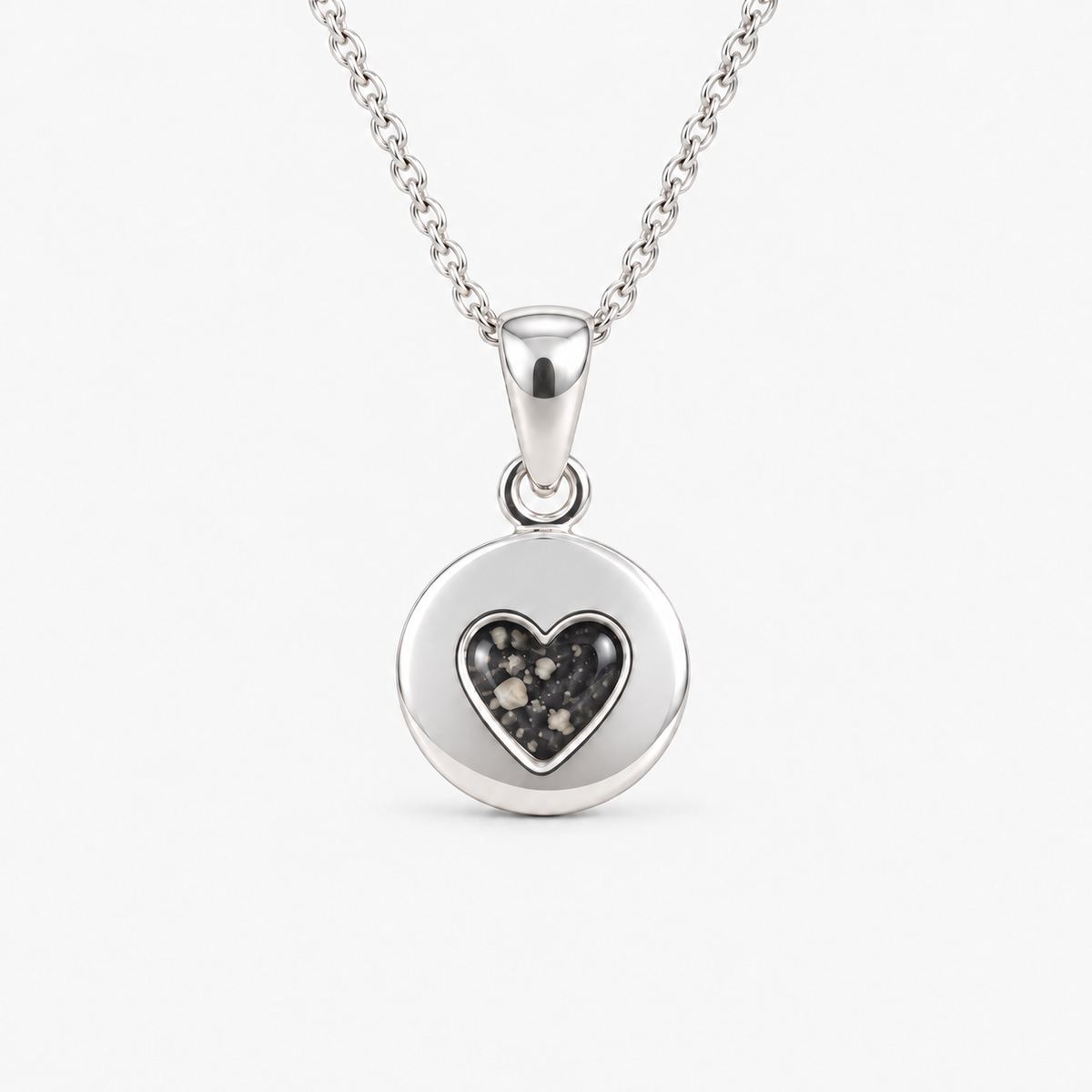 tiny heart disc ashes necklace — Midnight, visible ashes