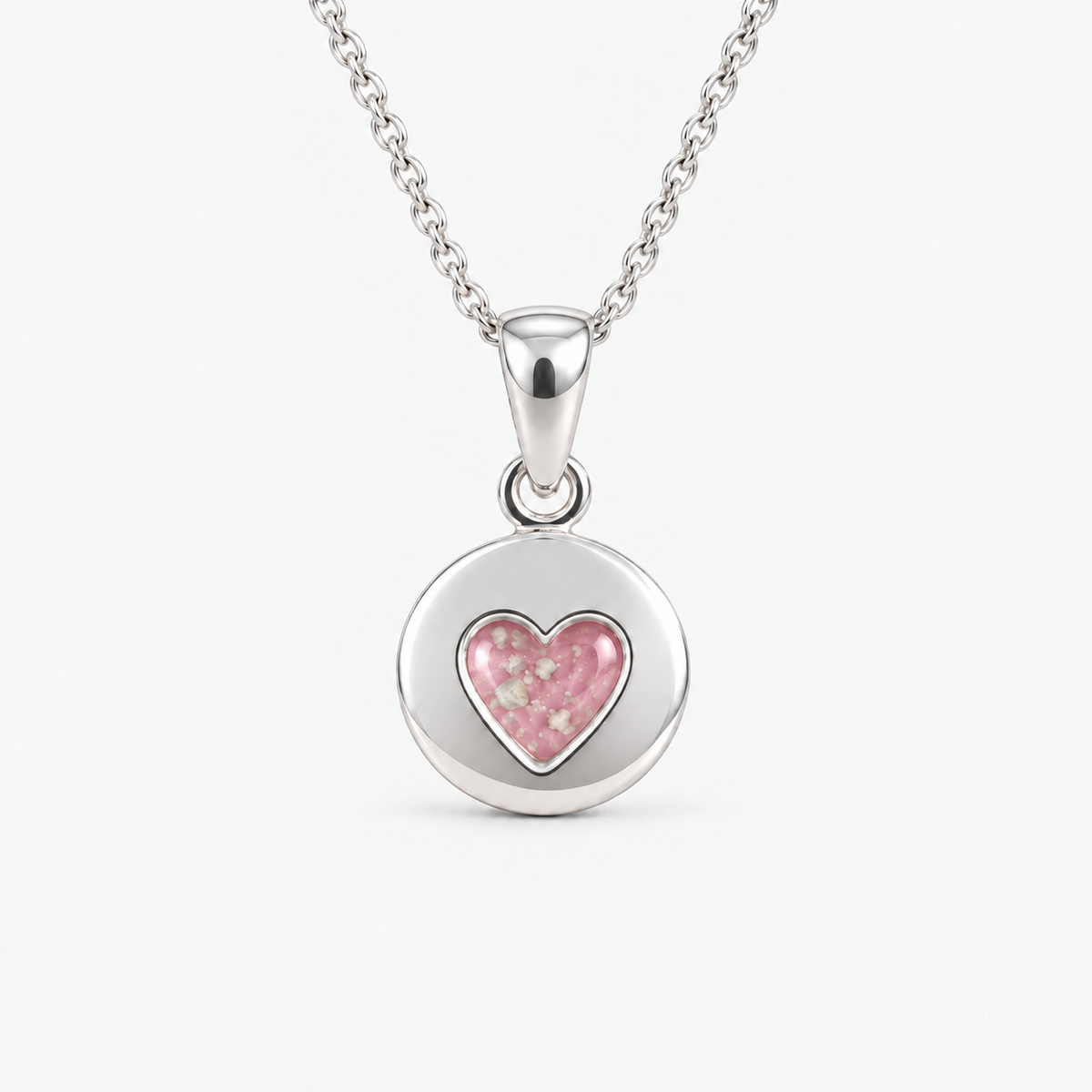 tiny heart disc ashes necklace — Pink, visible ashes