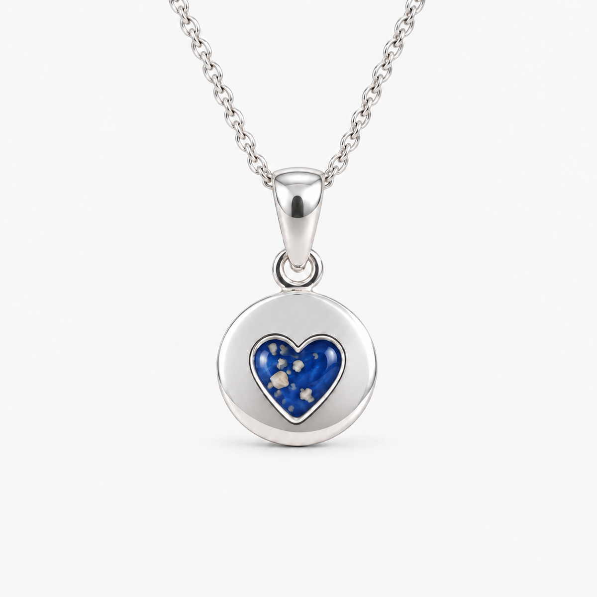 tiny heart disc ashes necklace — Sapphire, visible ashes
