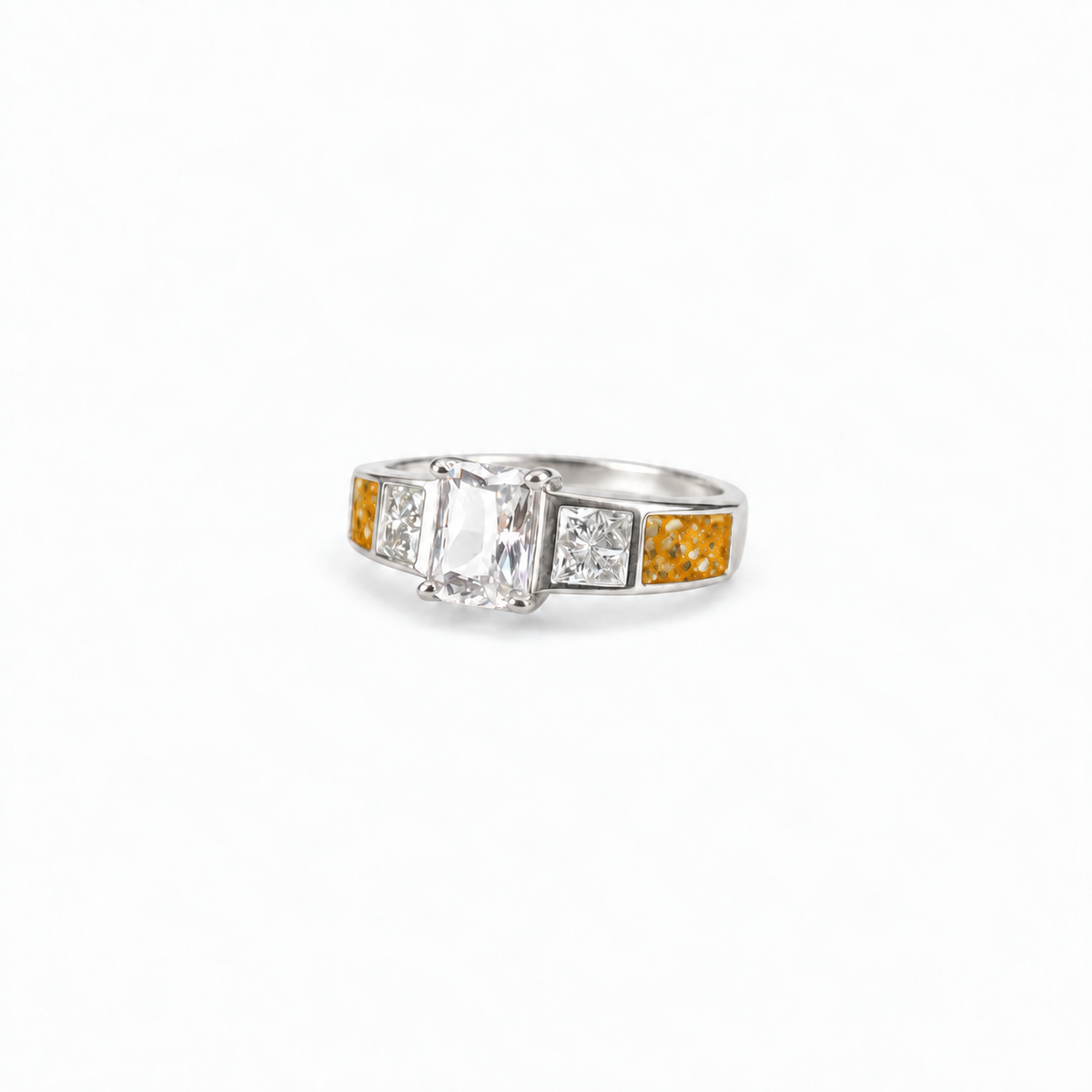 trilogy silver ashes ring in Amber, visible inclusions