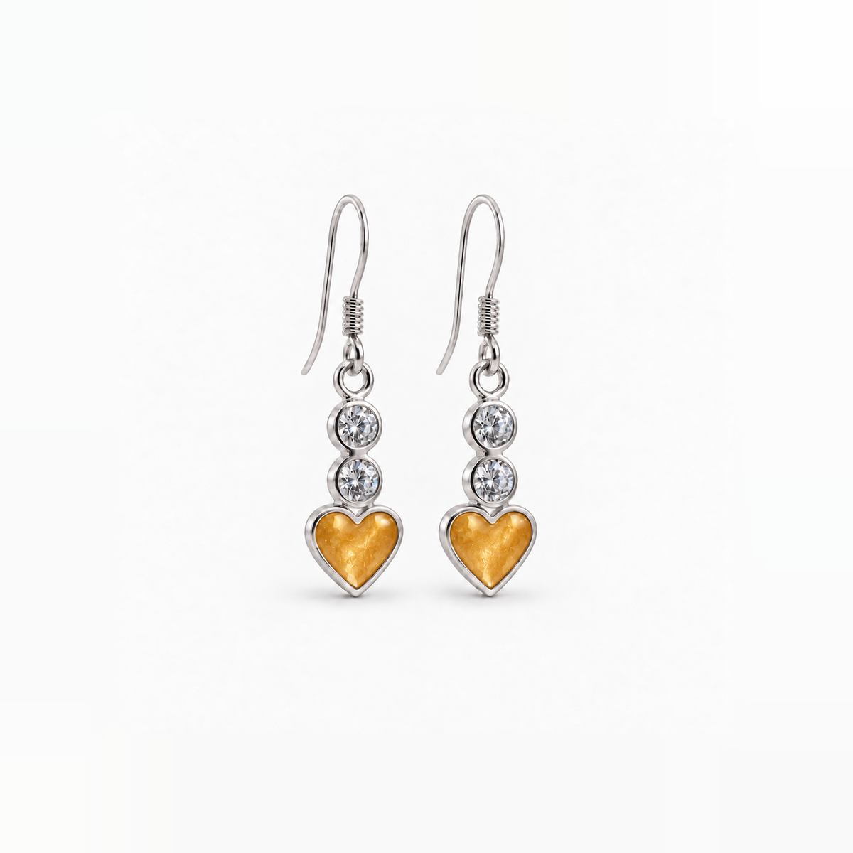twin crystal heart drop ashes earrings — Amber, hidden ashes
