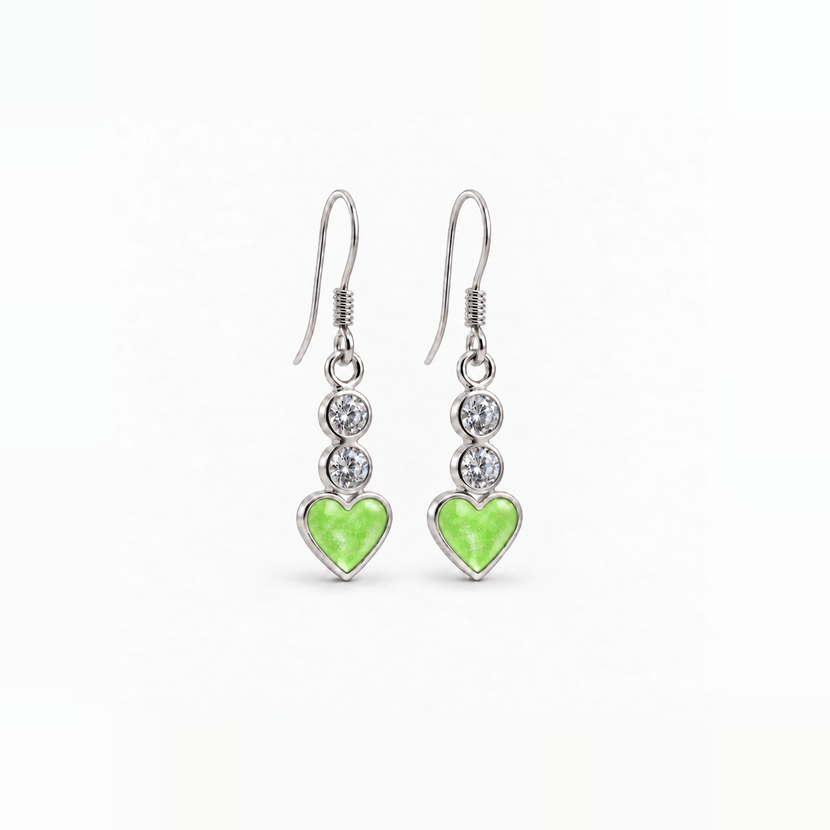 twin crystal heart drop ashes earrings — Apple Green, hidden ashes