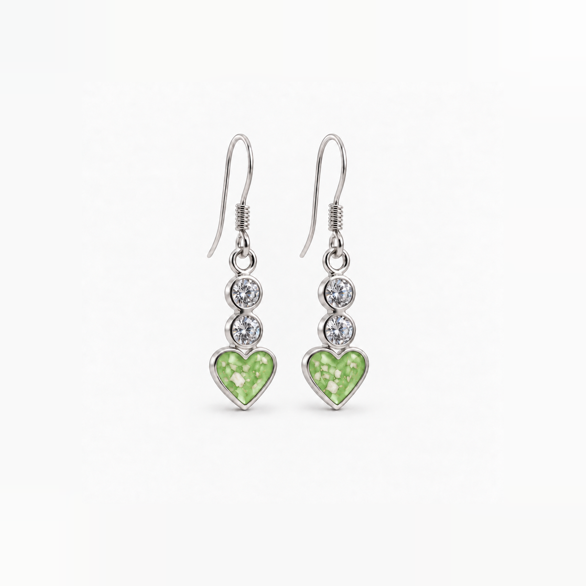 twin crystal heart drop ashes earrings — Apple Green, visible ashes