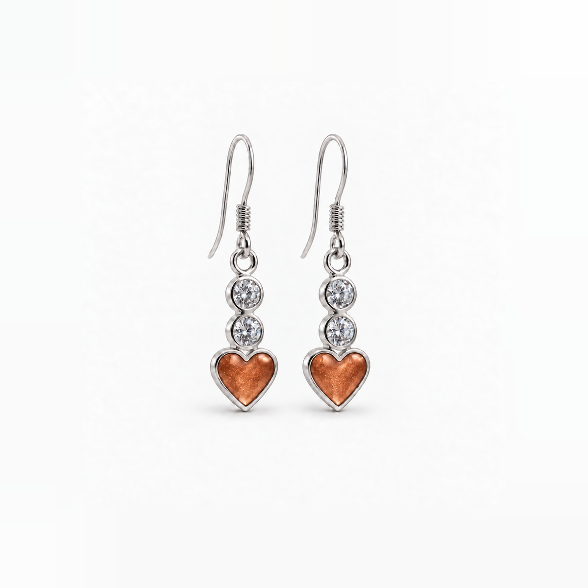 twin crystal heart drop ashes earrings — Copper, hidden ashes