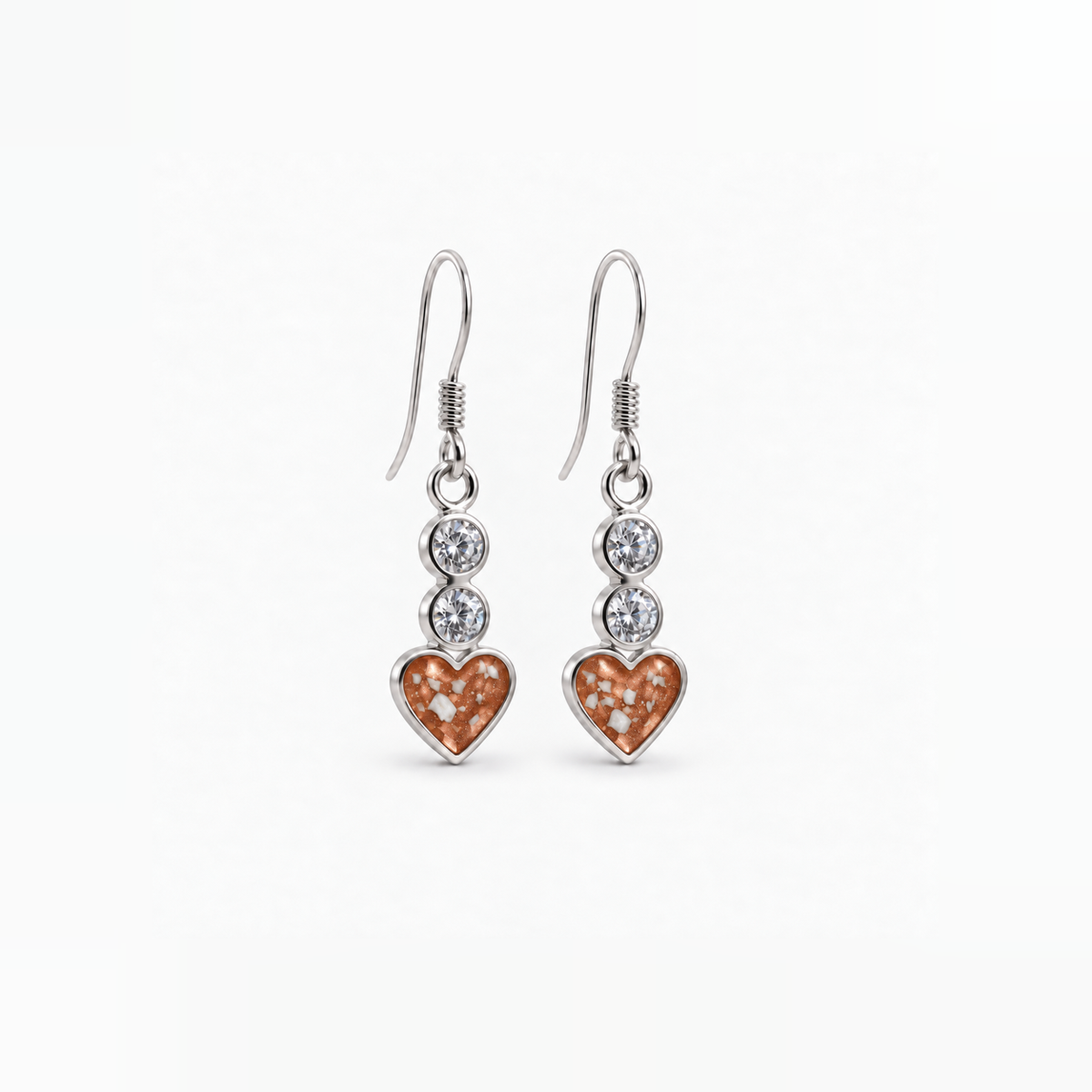 twin crystal heart drop ashes earrings — Copper, visible ashes