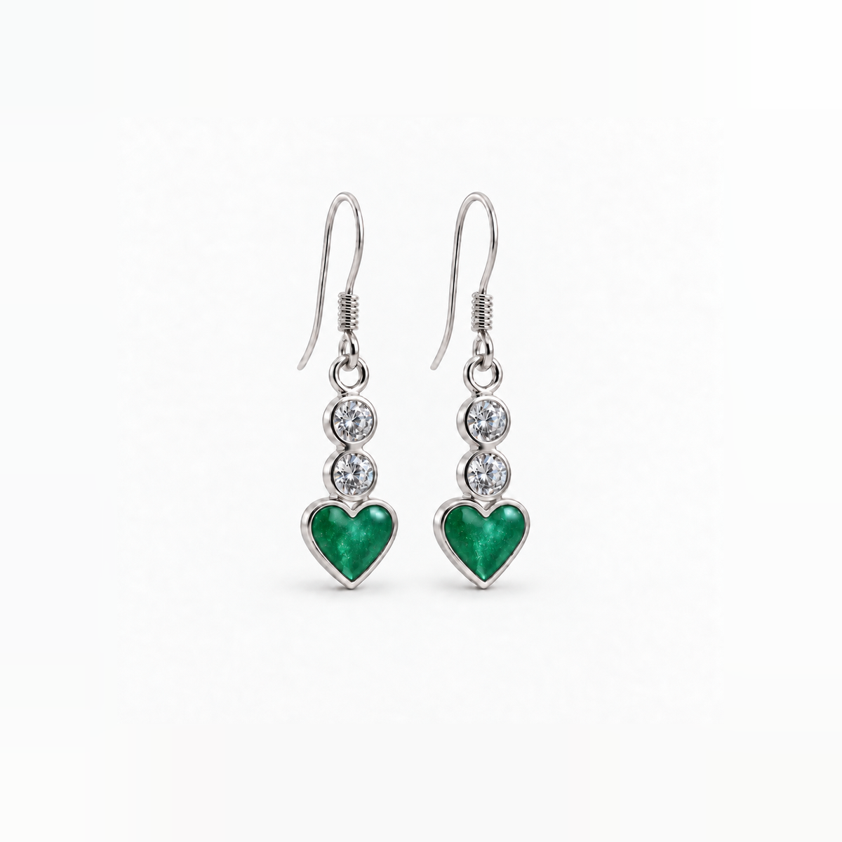 twin crystal heart drop ashes earrings — Emerald, hidden ashes
