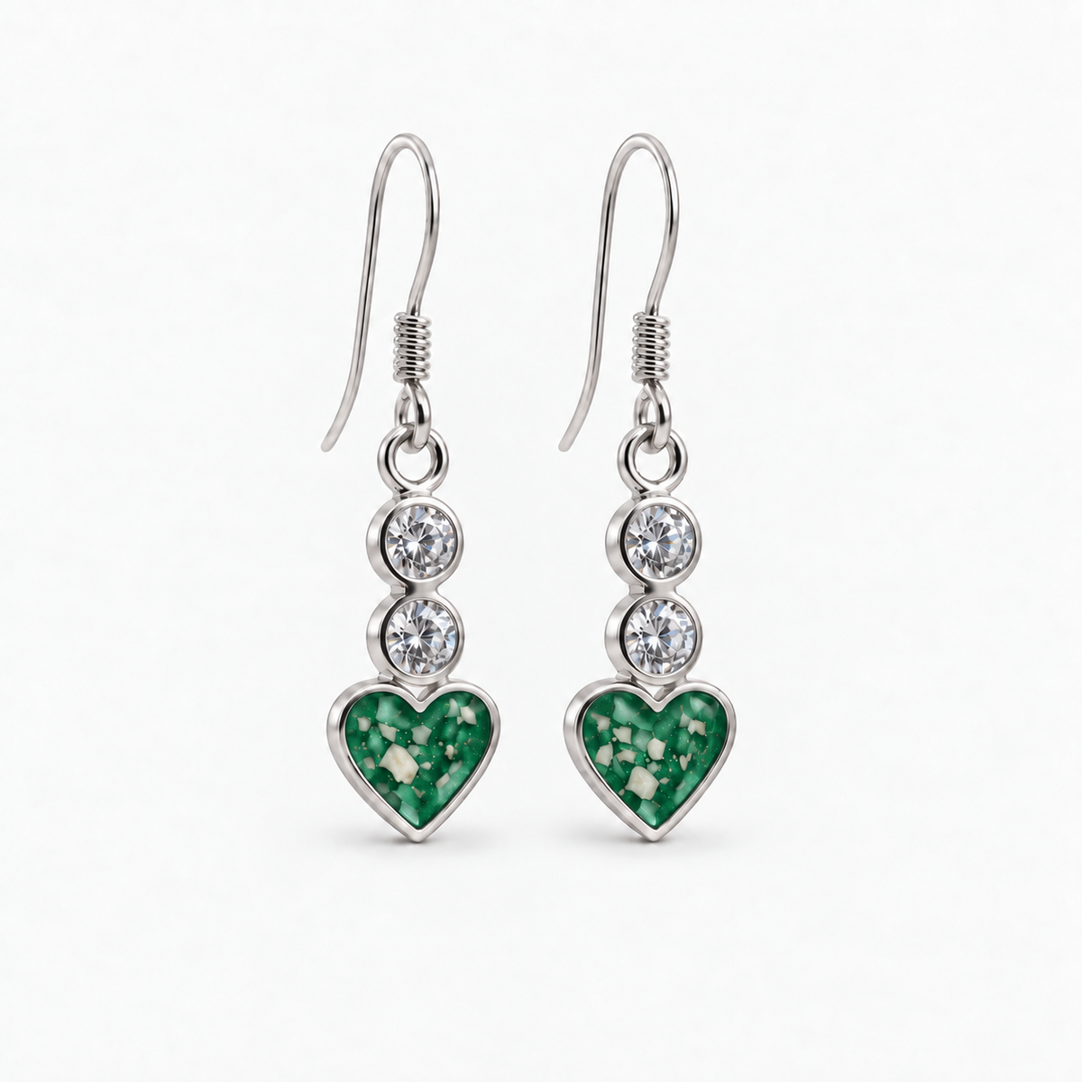 twin crystal heart drop ashes earrings — Emerald, visible ashes