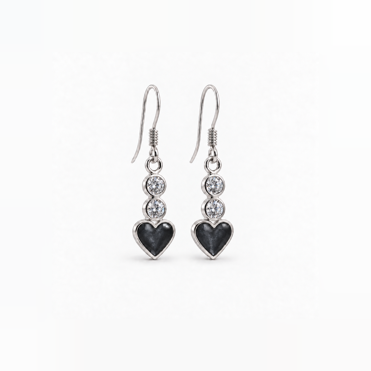 twin crystal heart drop ashes earrings — Midnight, hidden ashes