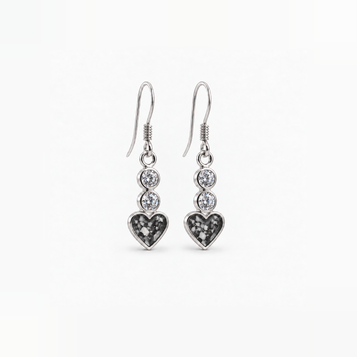 twin crystal heart drop ashes earrings — Midnight, visible ashes