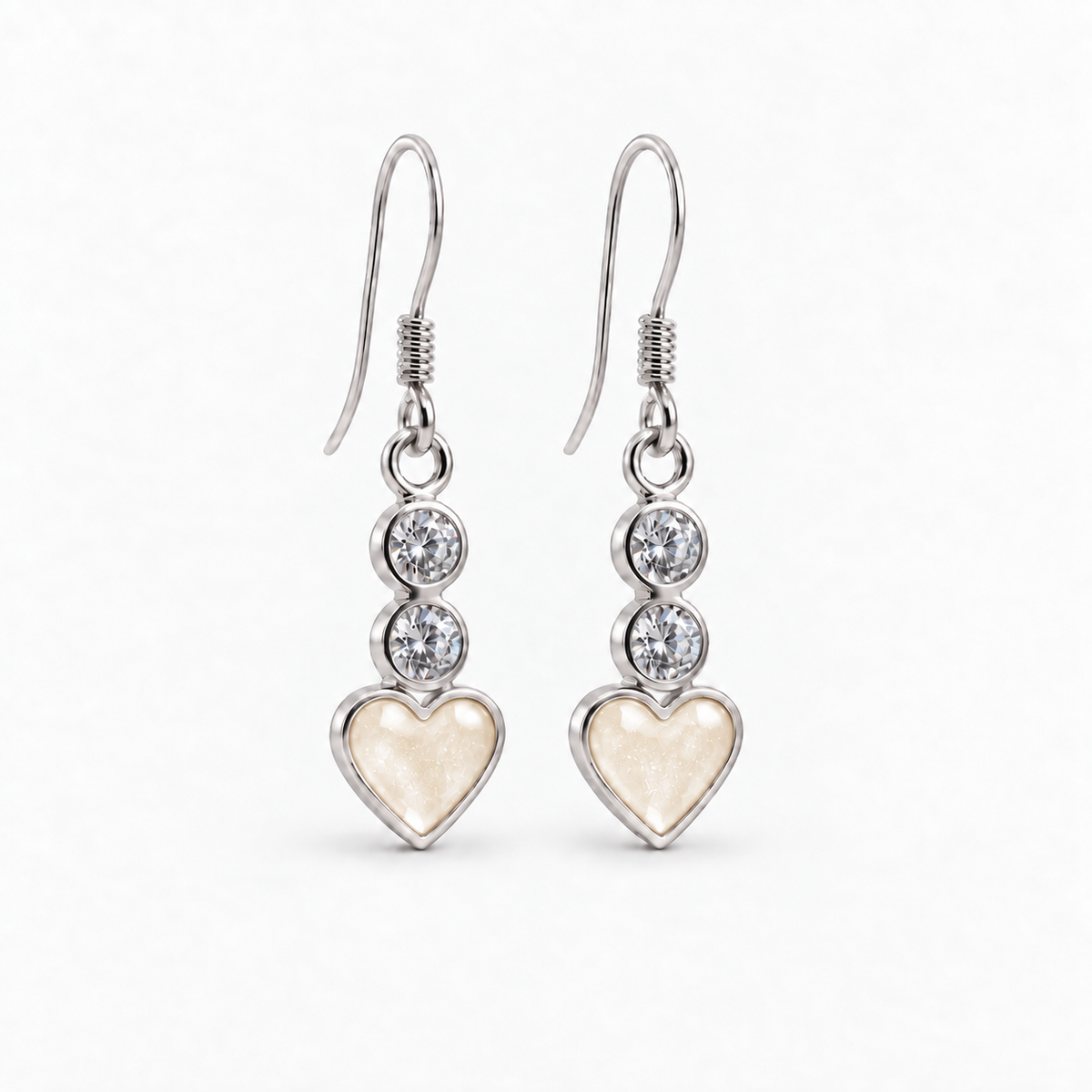 twin crystal heart drop ashes earrings — Pearl, hidden ashes