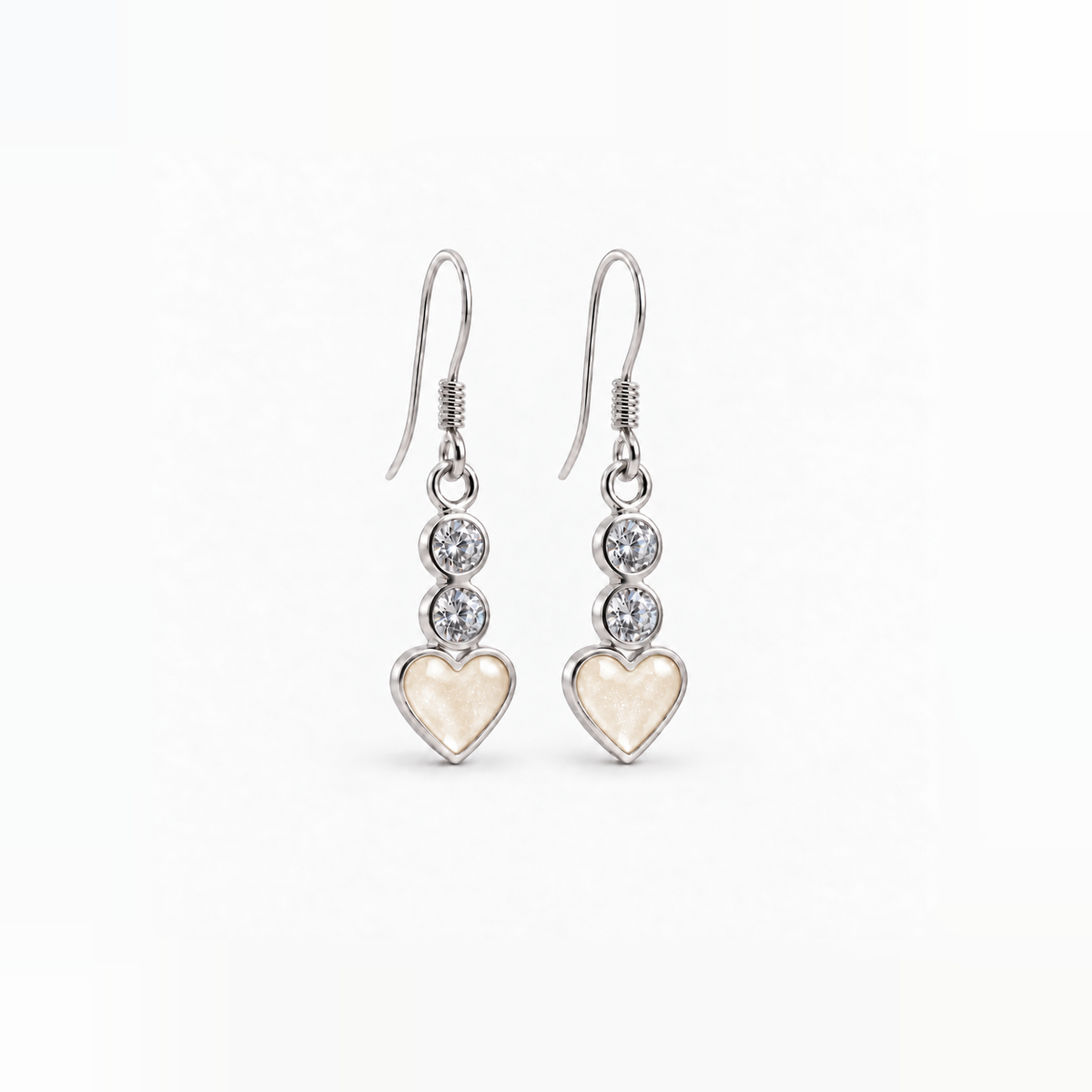 twin crystal heart drop ashes earrings — Pearl, hidden ashes