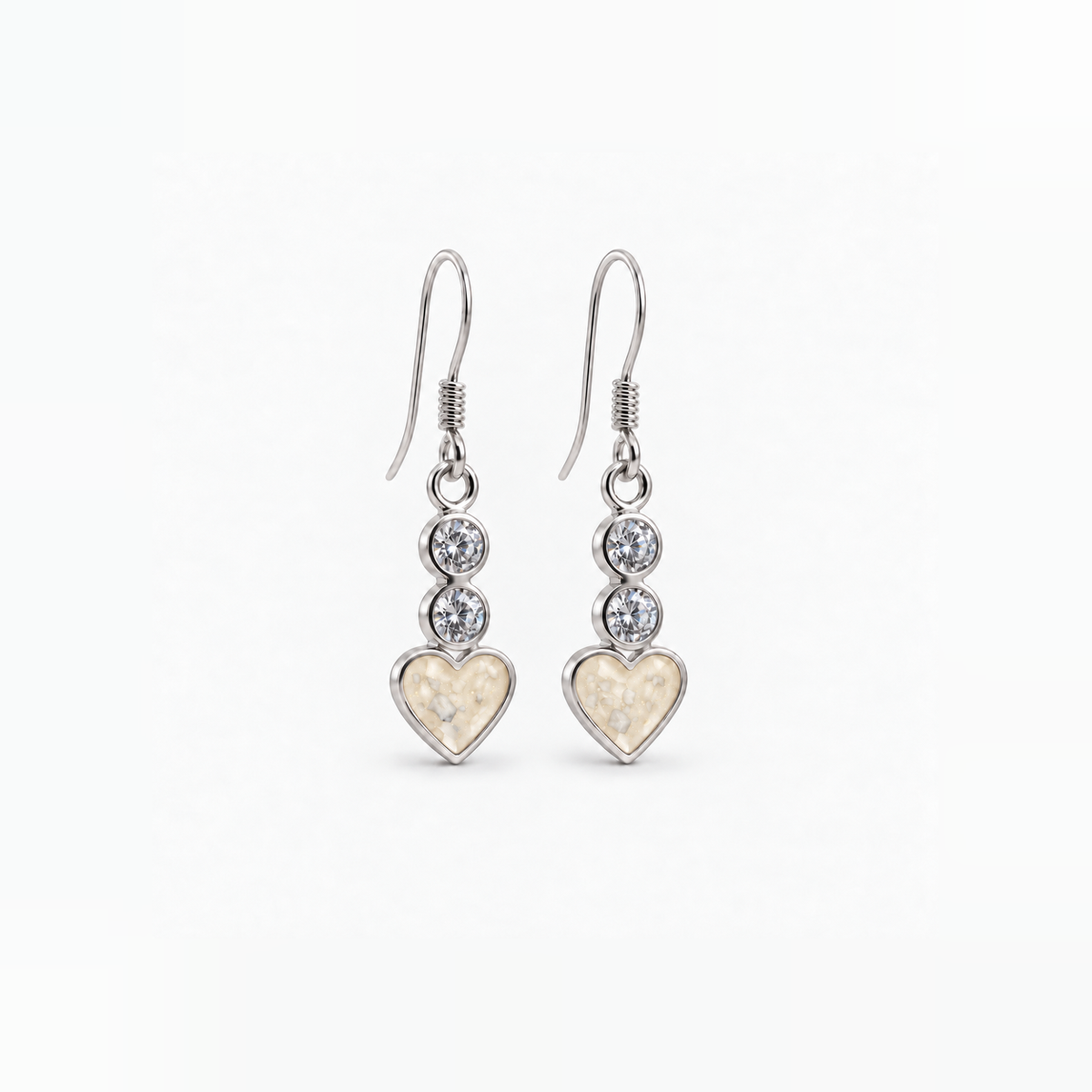 twin crystal heart drop ashes earrings — Pearl, visible ashes