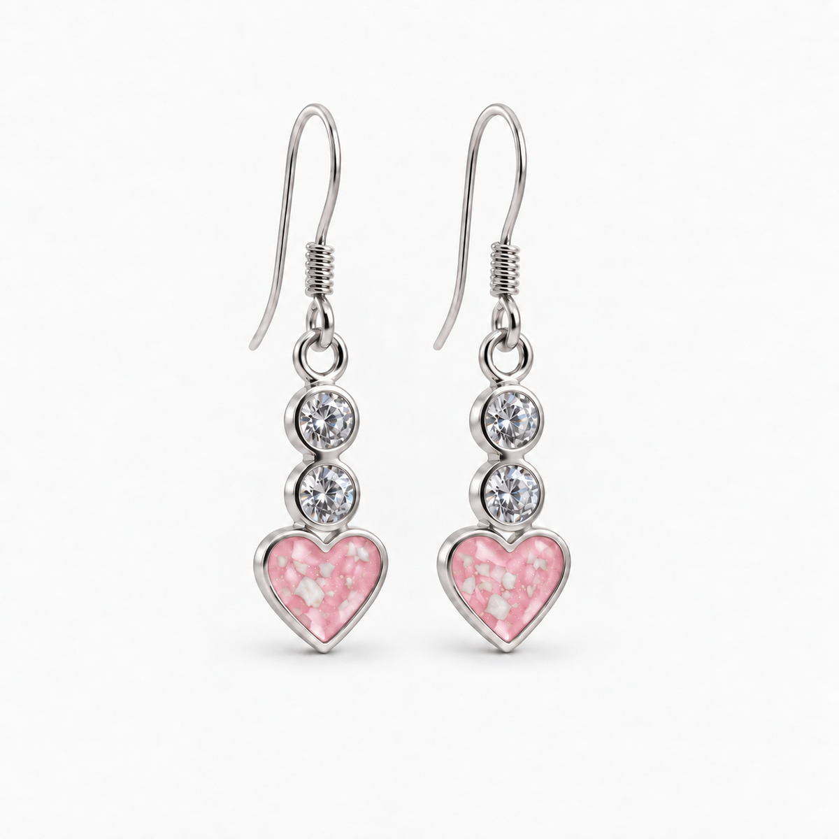 twin crystal heart drop ashes earrings — Pink, visible ashes