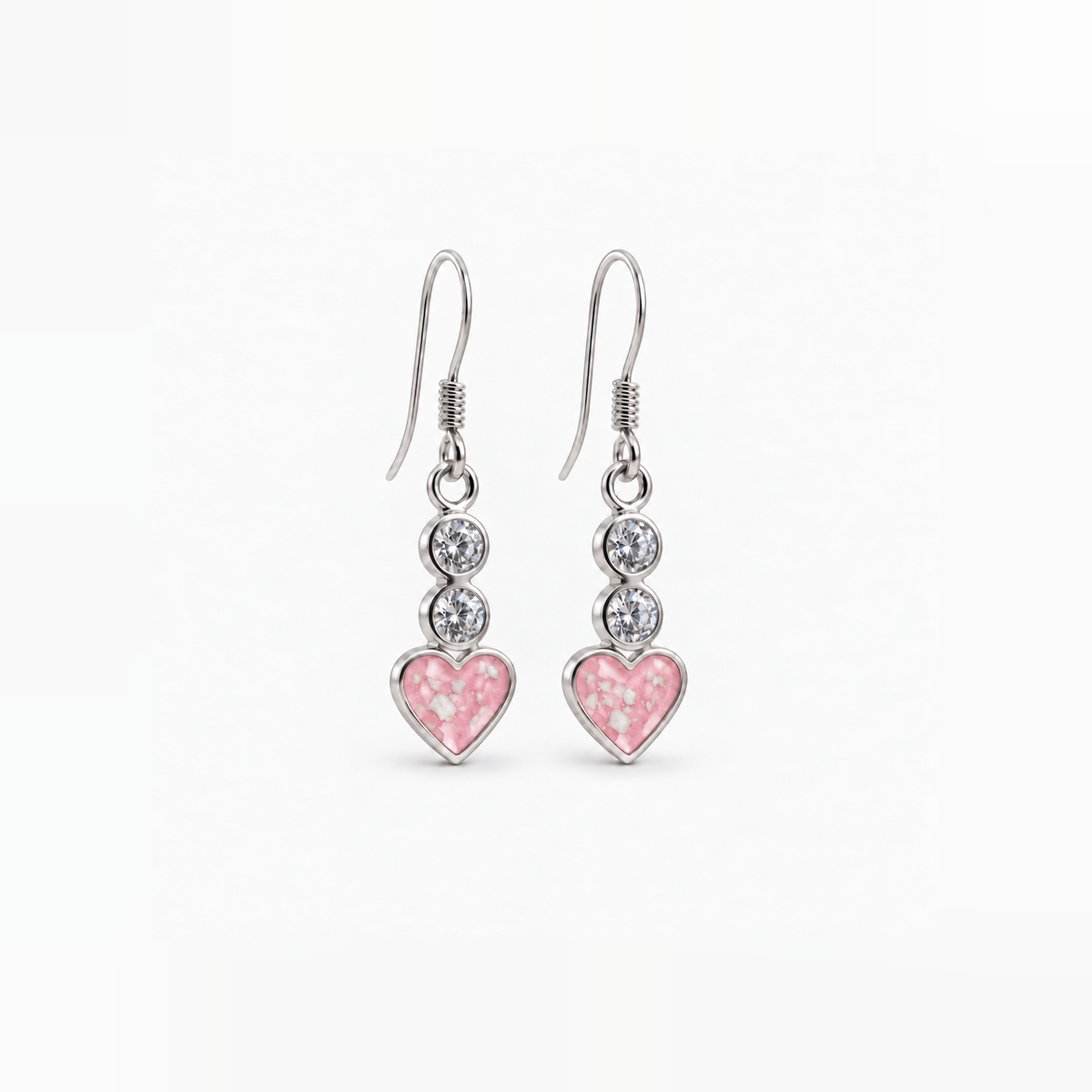 twin crystal heart drop ashes earrings — Pink, visible ashes