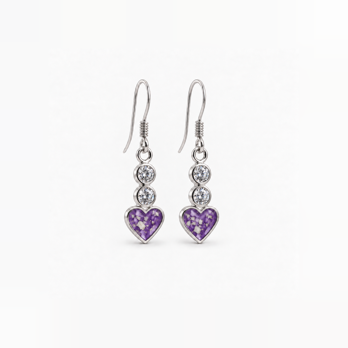 twin crystal heart drop ashes earrings — Purple, visible ashes