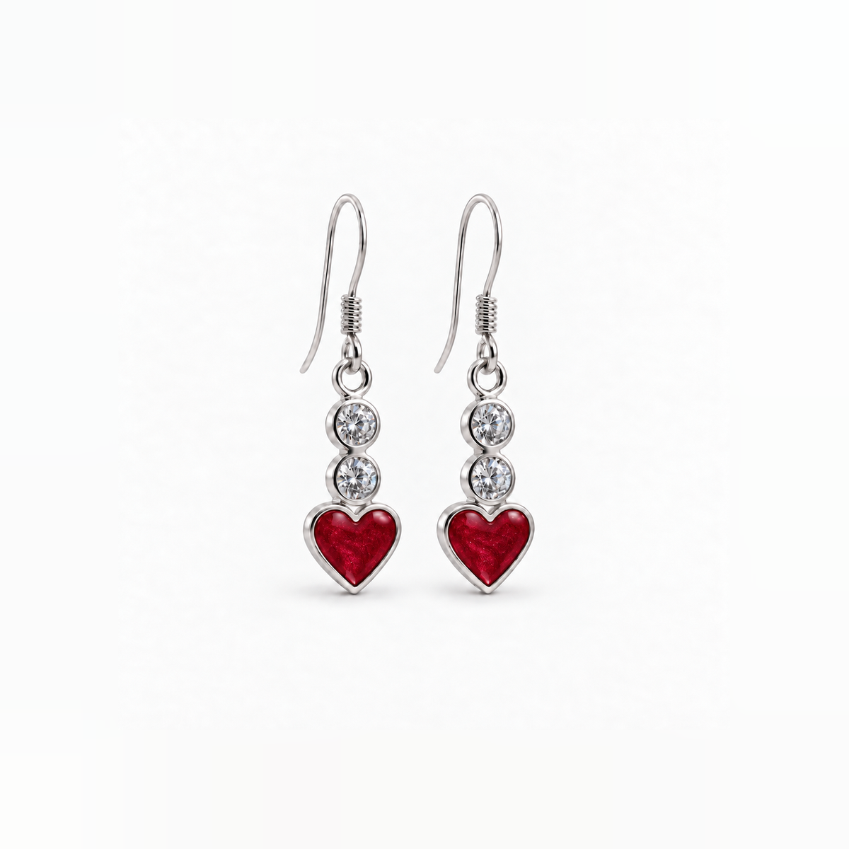 twin crystal heart drop ashes earrings — Ruby Red, hidden ashes