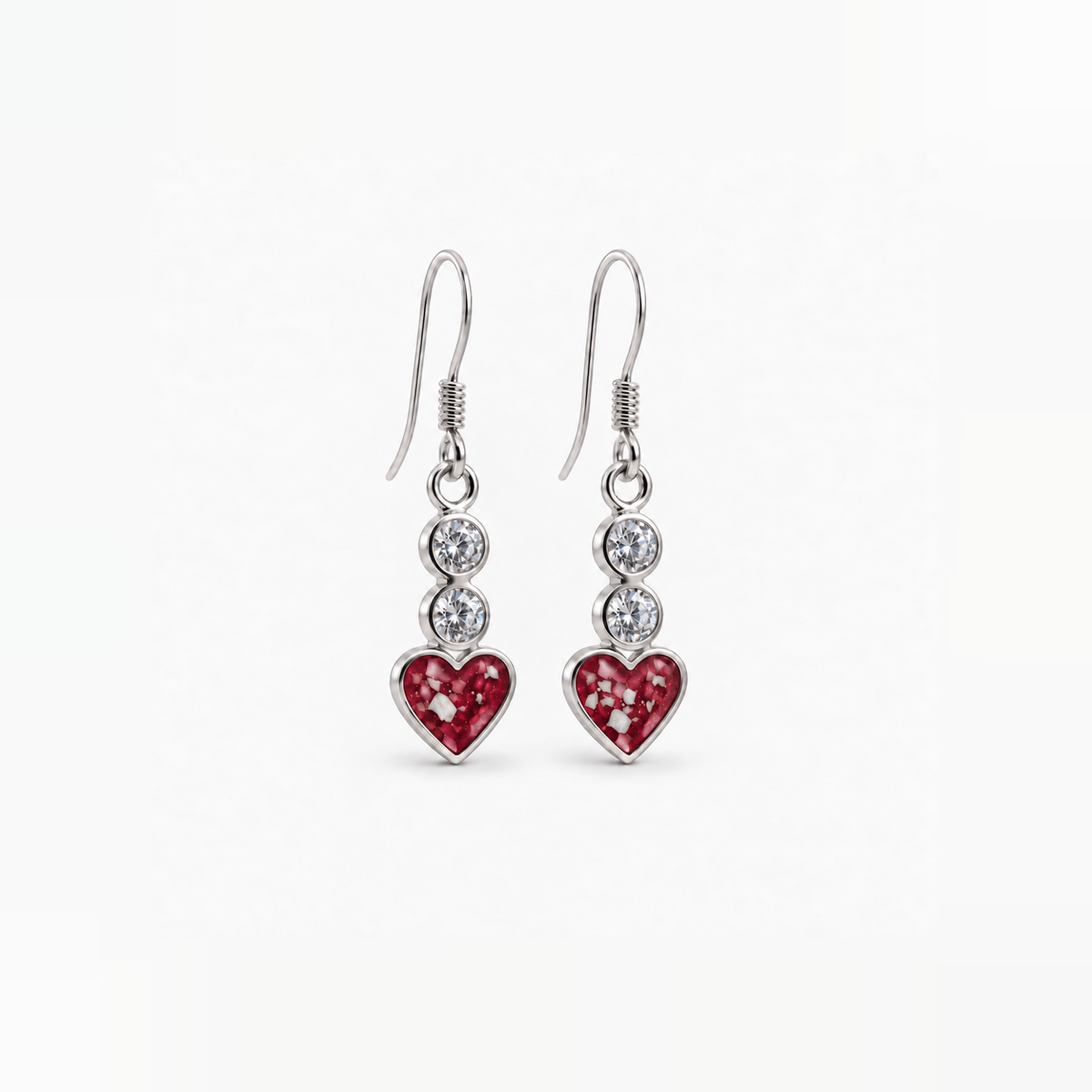 twin crystal heart drop ashes earrings — Ruby Red, visible ashes