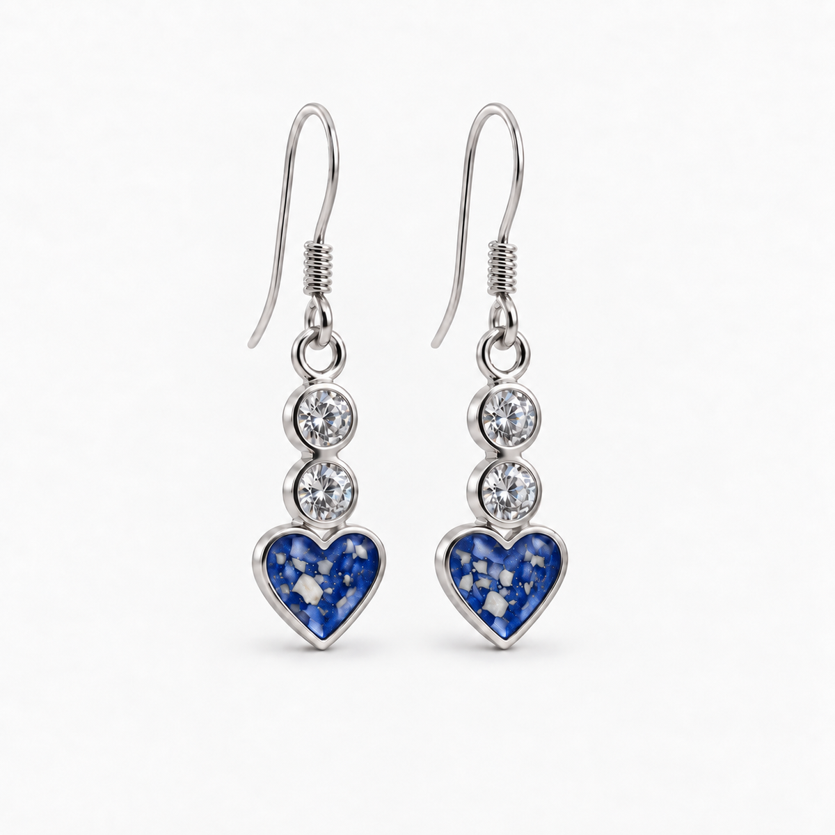 twin crystal heart drop ashes earrings — Sapphire, visible ashes
