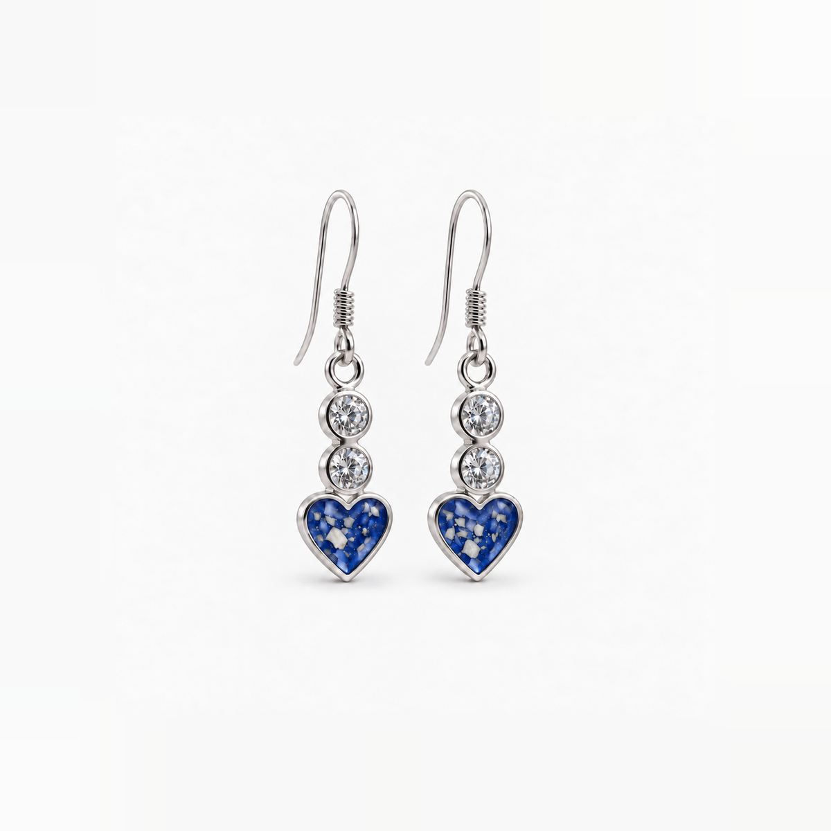 twin crystal heart drop ashes earrings — Sapphire, visible ashes