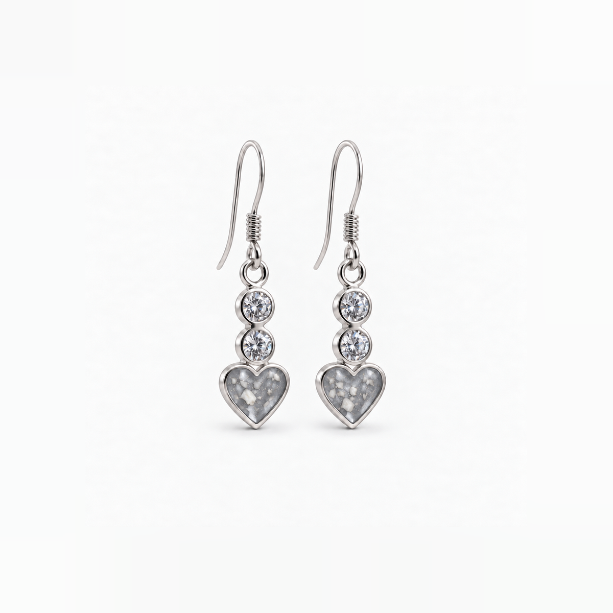 twin crystal heart drop ashes earrings — Silver, visible ashes
