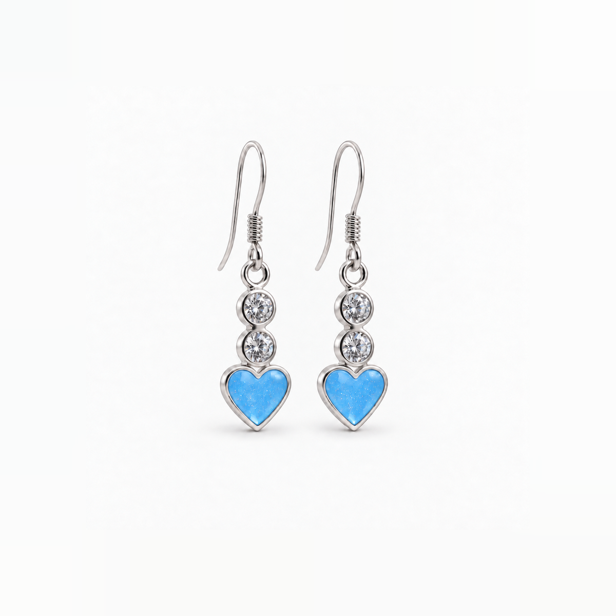 Twin Crystal Heart Drop Ashes Earrings — Sky Blue, hidden ashes