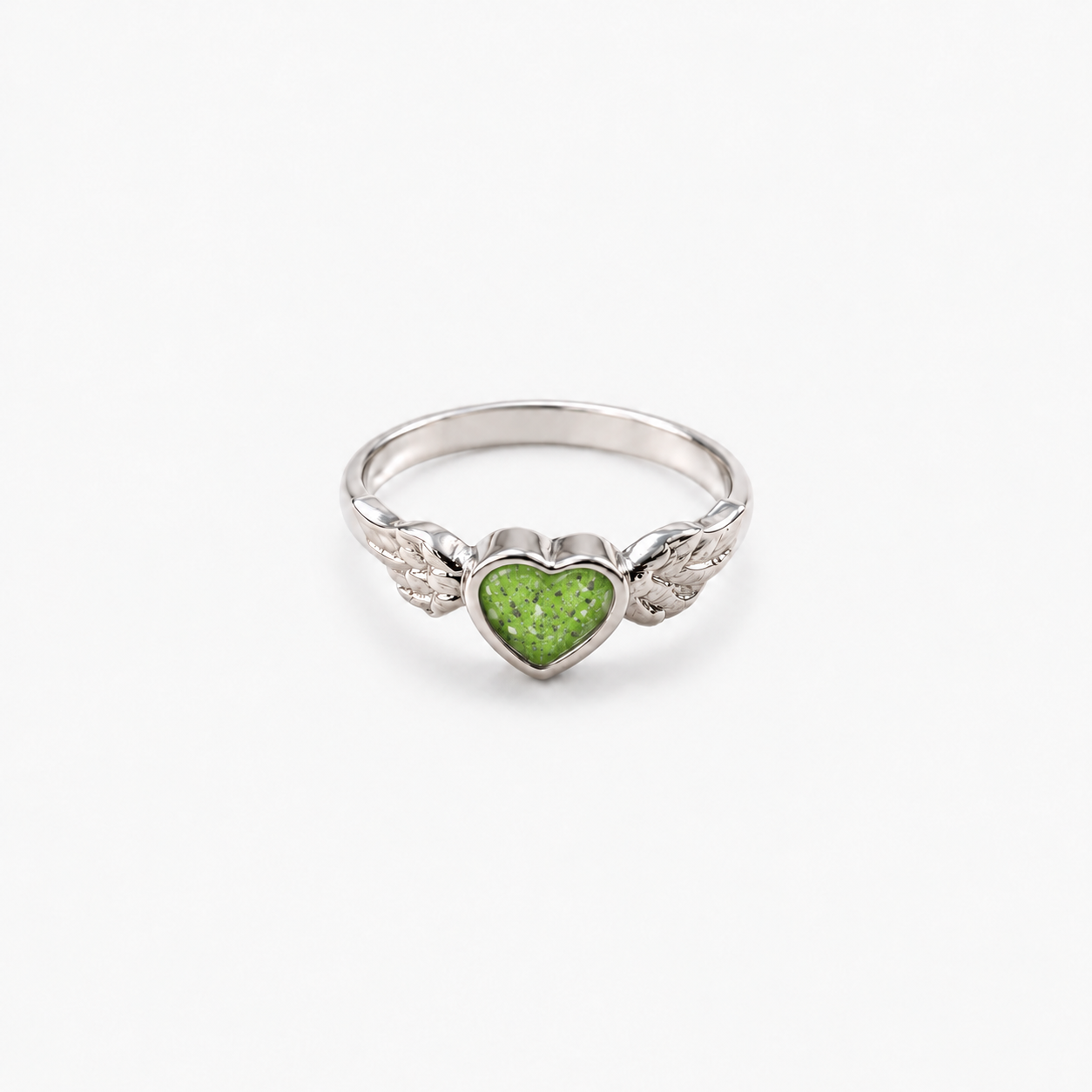 Winged Heart Ashes Ring — Apple Green, visible ashes
