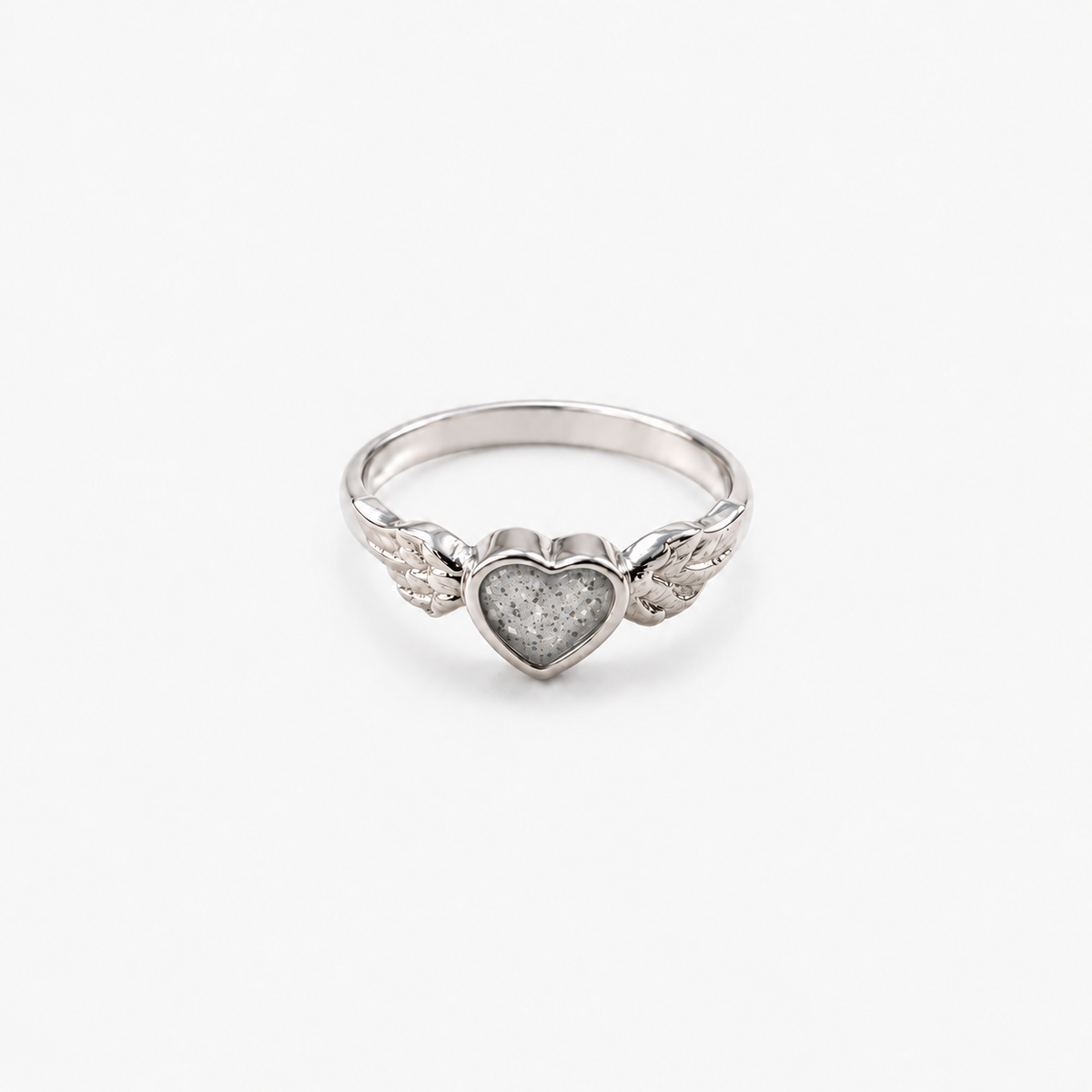 Winged Heart Ashes Ring — Silver, visible ashes