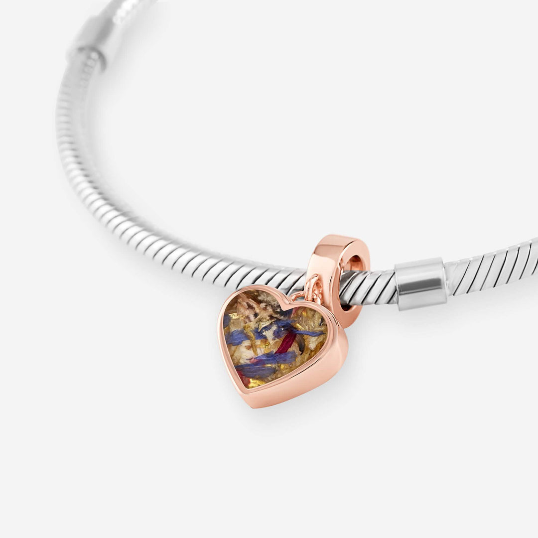 Flower Rose Gold Heart Dangle Charm | Dried Flower Jewellery | Featherlings UK