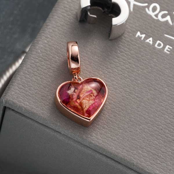 Flower Rose Gold Heart Dangle Charm | Dried Flower Jewellery | Featherlings UK