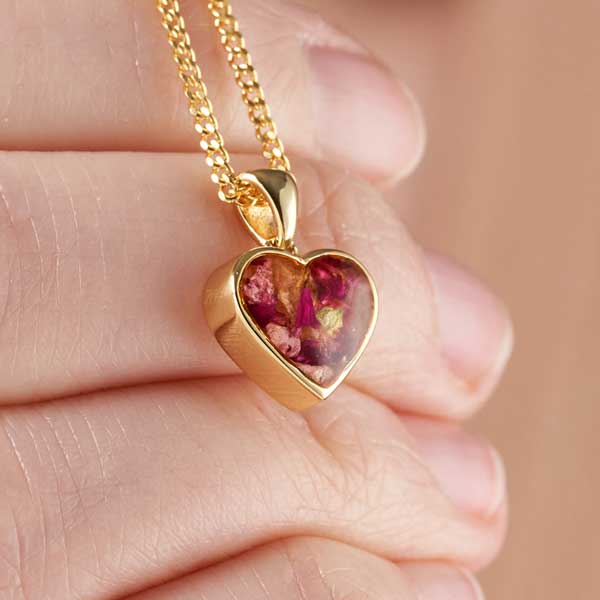 Flower Yellow Gold Heart Necklace | Dried Flower Jewellery | Featherlings UK