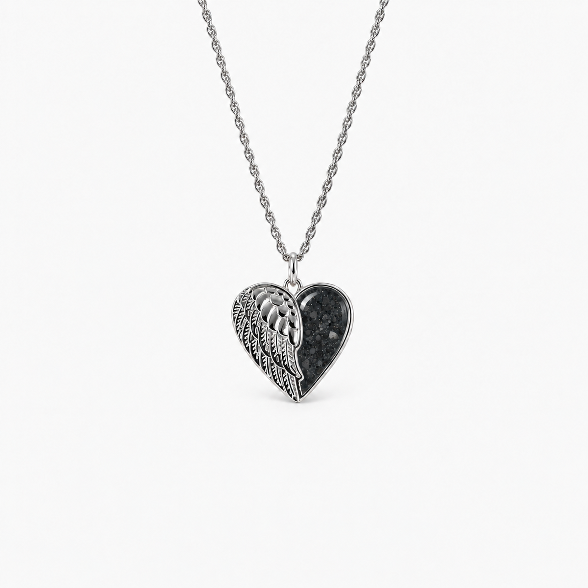 Angel Wing Heart Ashes Necklace — Midnight, visible ashes