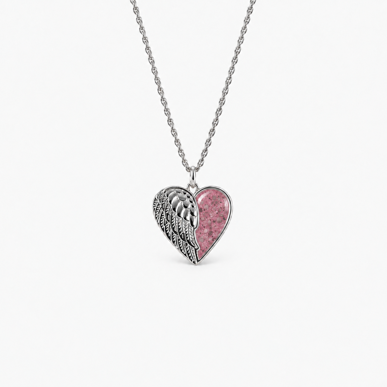 Angel Wing Heart Ashes Necklace — Pink, visible ashes