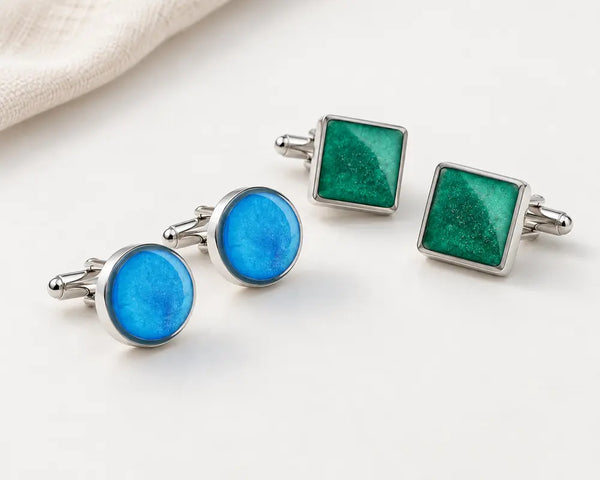 Round blue and square emerald memorial cufflinks