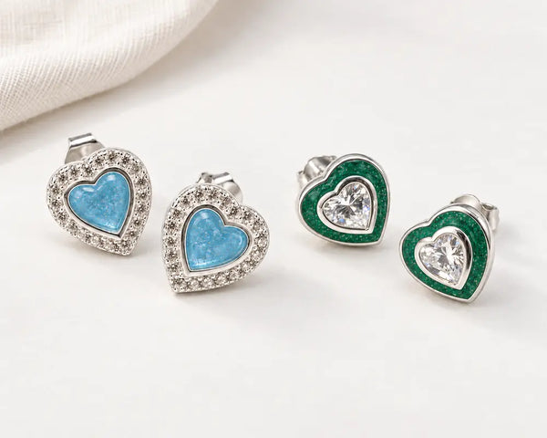 Two pairs of silver heart memorial earrings in sky blue and emerald