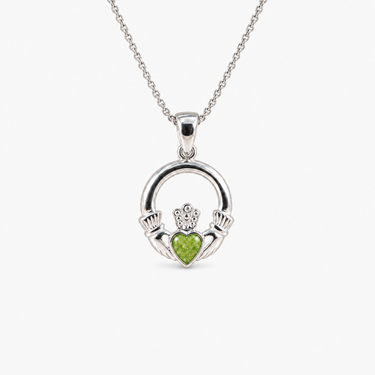 Claddagh Ashes Necklace in Apple Green with visible inclusions