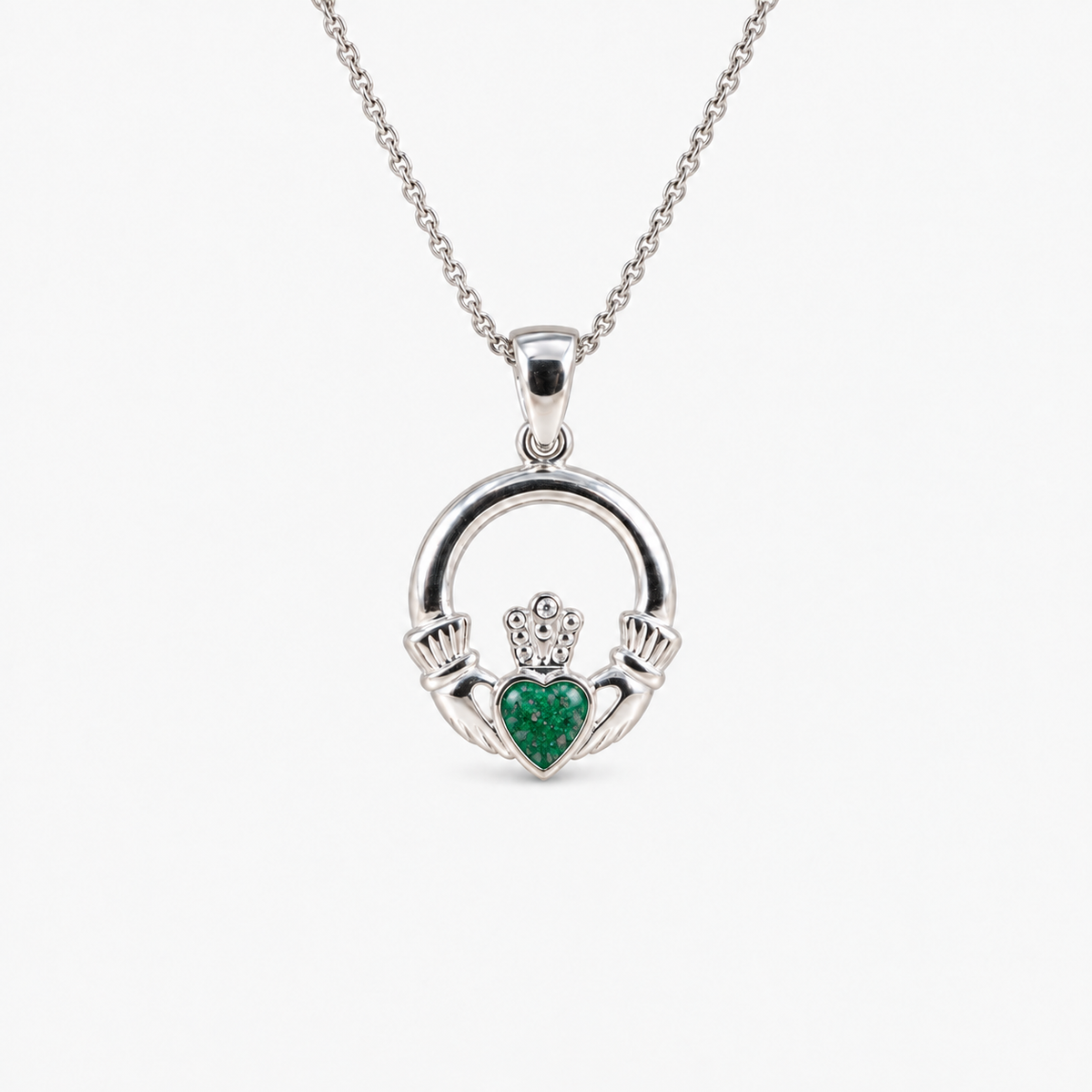 Claddagh Ashes Necklace in Emerald with visible inclusions