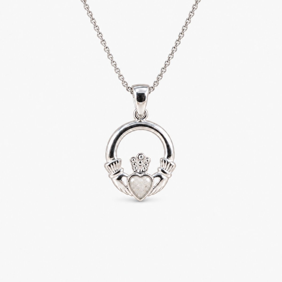 Claddagh Ashes Necklace in Pearl with visible inclusions