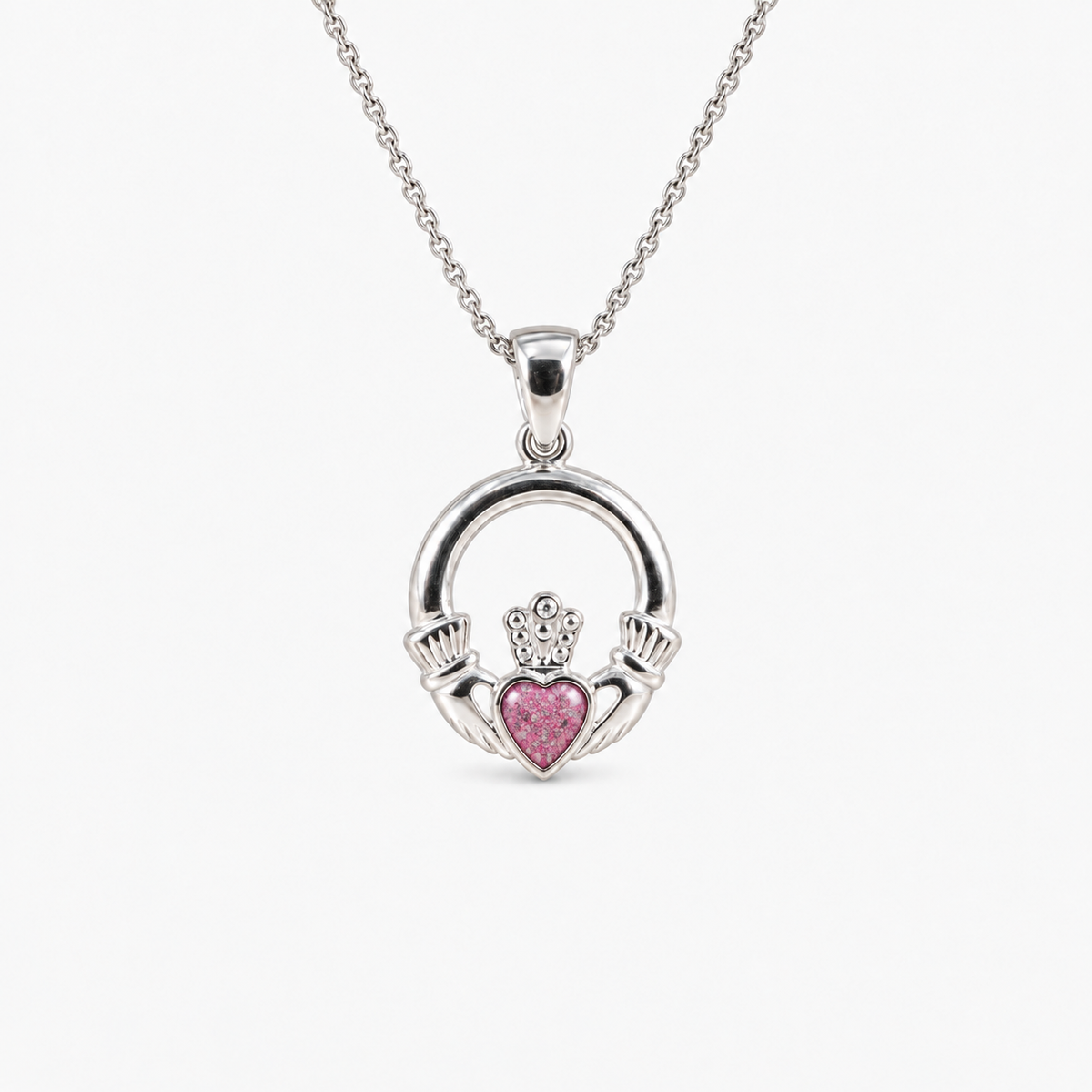 Claddagh Ashes Necklace in Pink with visible inclusions
