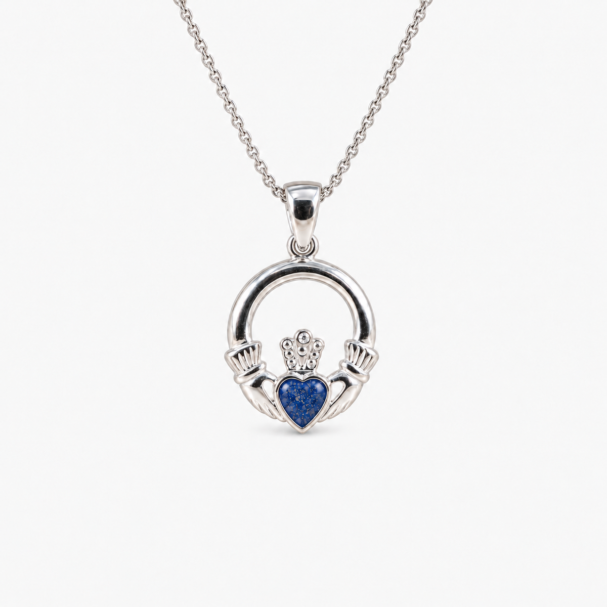 Claddagh Ashes Necklace in Sapphire with visible inclusions
