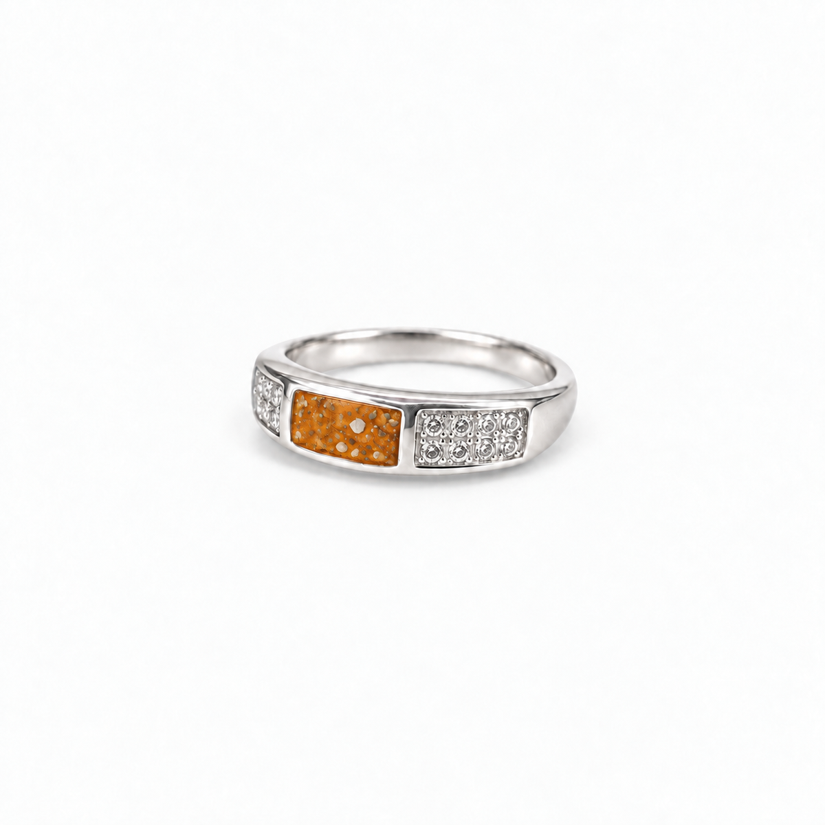 crystal channel silver ashes ring in Amber, visible inclusions
