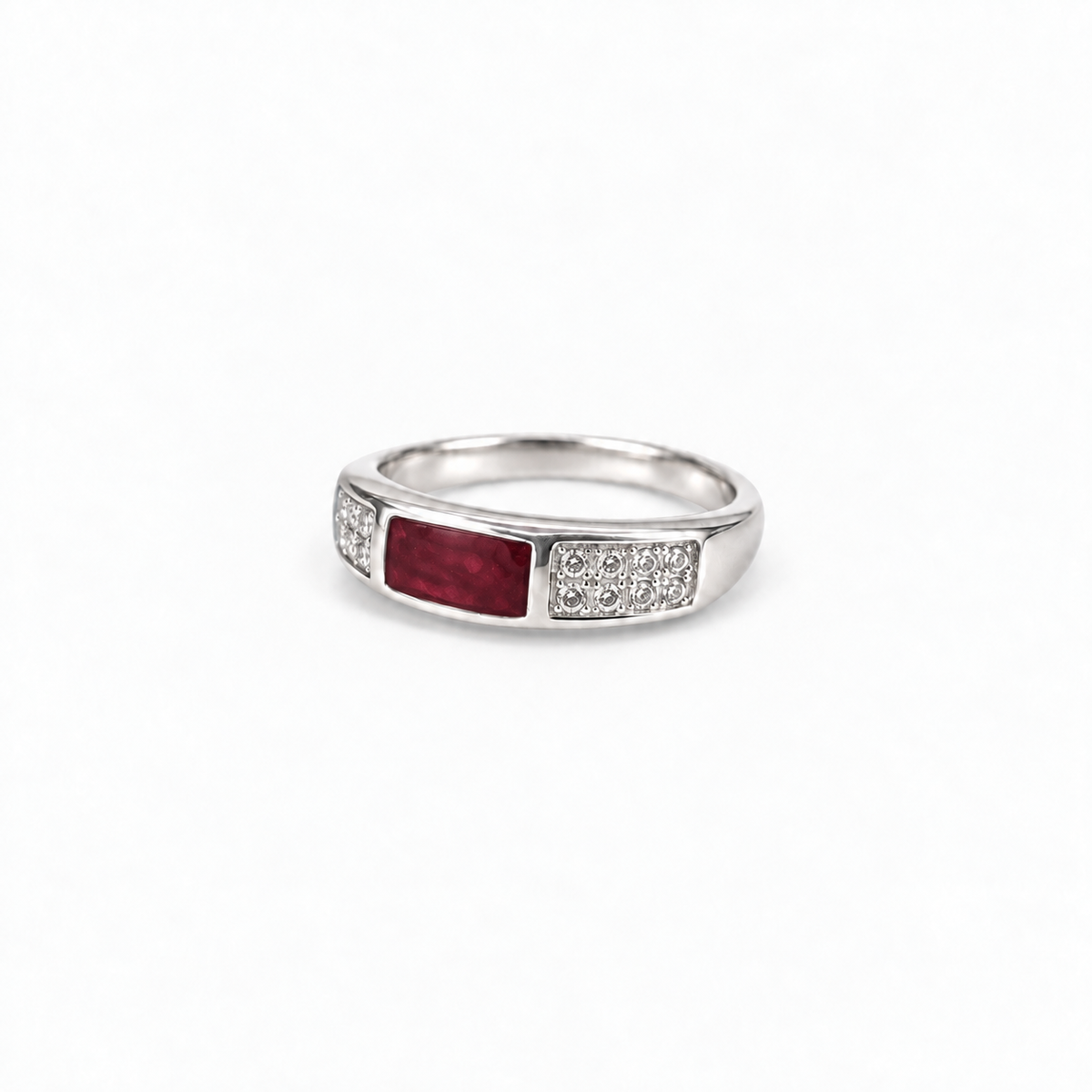 crystal channel silver ashes ring in Ruby Red, hidden inclusions
